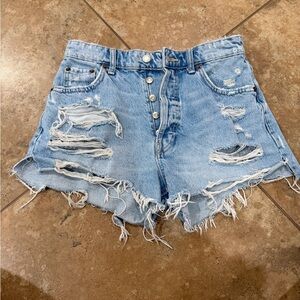 High-Waist Distressed Light Blue Denim Shorts